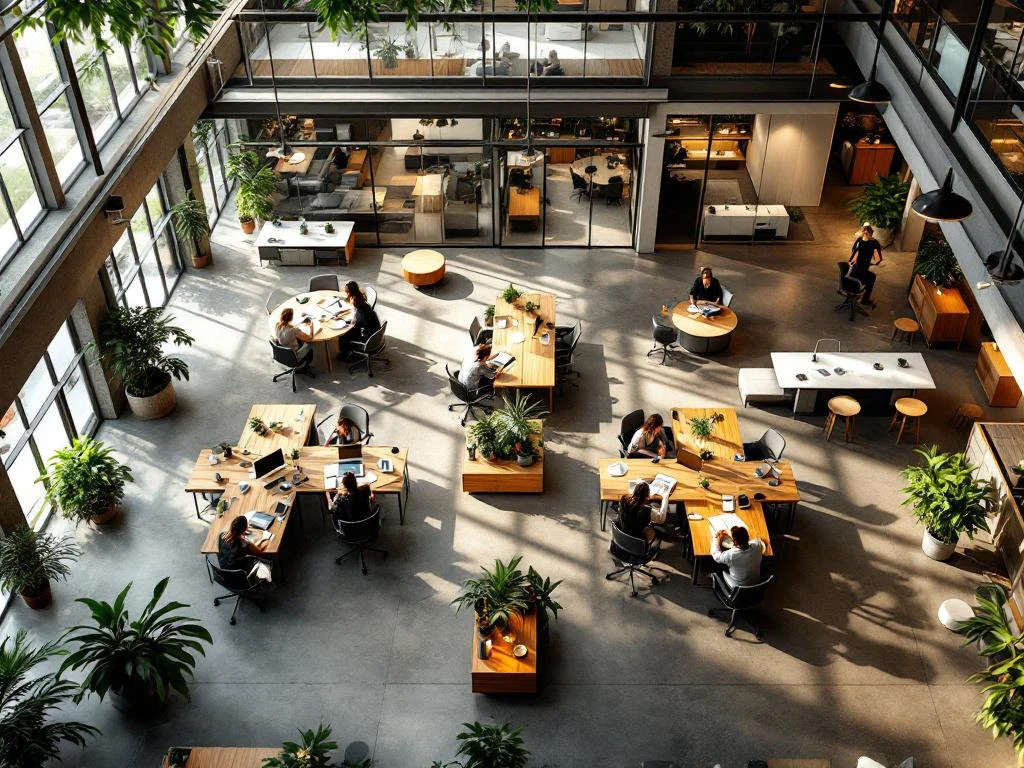 Aerial view of modern open-plan office with 40 workstations, glass meeting rooms, natural light, and contemporary design.