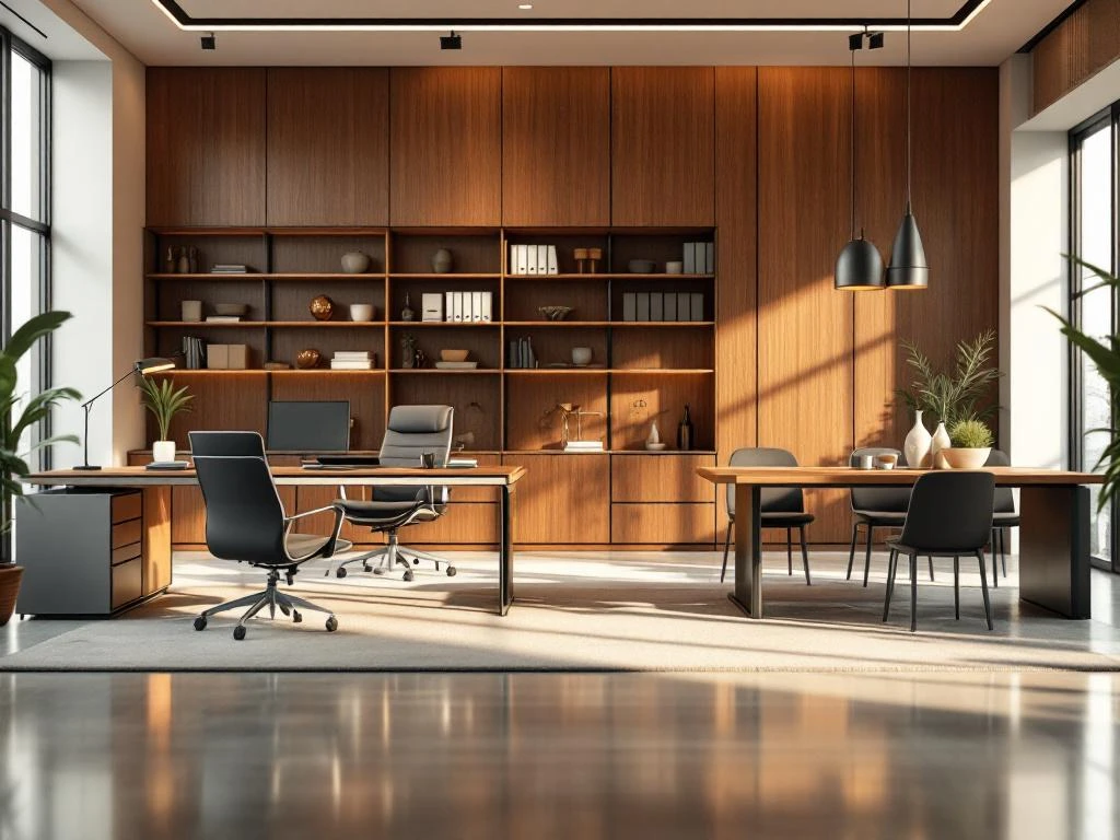 Modern office space with executive desk, ergonomic chair, and meeting table in warm lighting with rich wood tones.