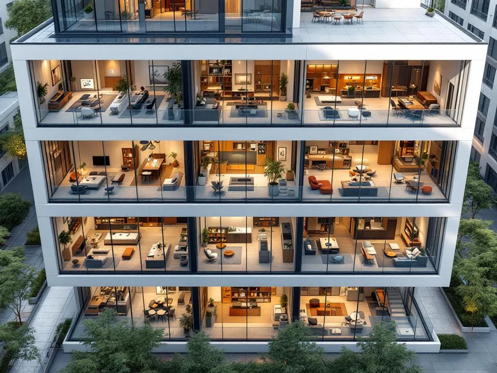 Modern office building aerial view showing flexible workspace layouts with open floors, private offices, and meeting rooms through glass walls.