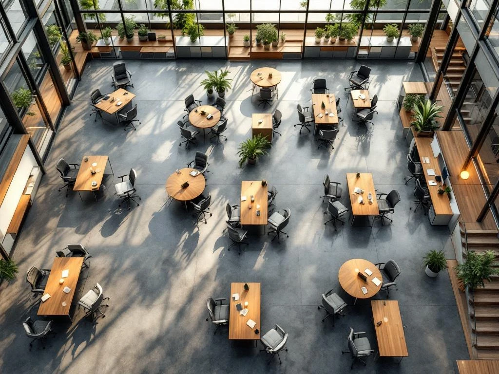 Aerial view of modern open-plan office with 30 empty ergonomic chairs, glass partitions, and natural light from windows.