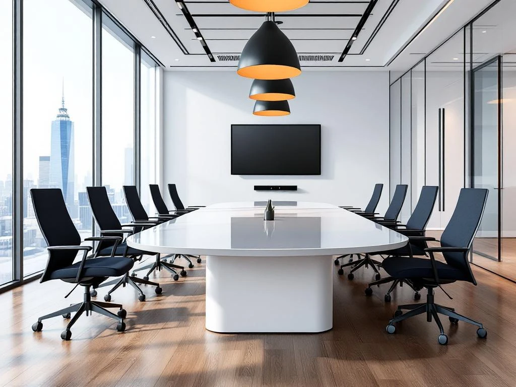 Modern conference room with oval meeting table, ergonomic chairs, floor-to-ceiling windows, and city skyline view.