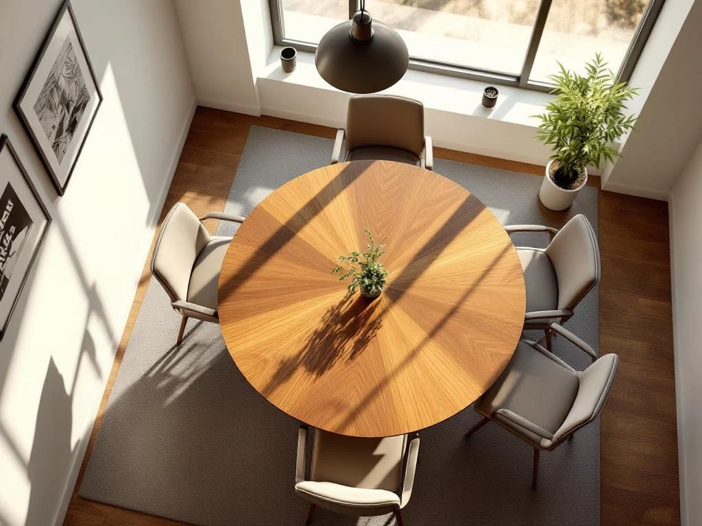 Modern conference room with round wooden table, four ergonomic chairs, and natural light from large window