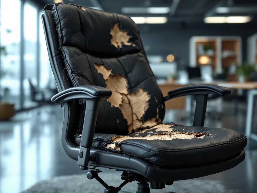 Worn office chair with cracked black leather seat, exposed foam padding, and frayed armrests in modern office setting