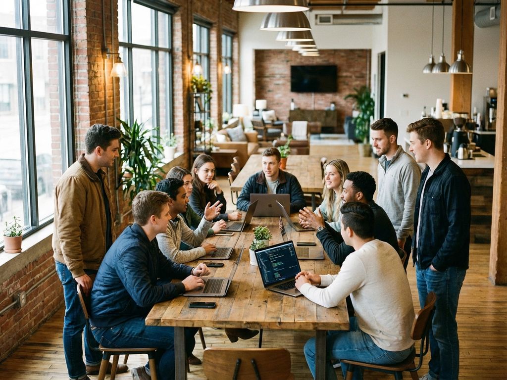 Diverse tech team collaborating around wooden table with laptops in modern coworking space with exposed brick walls
