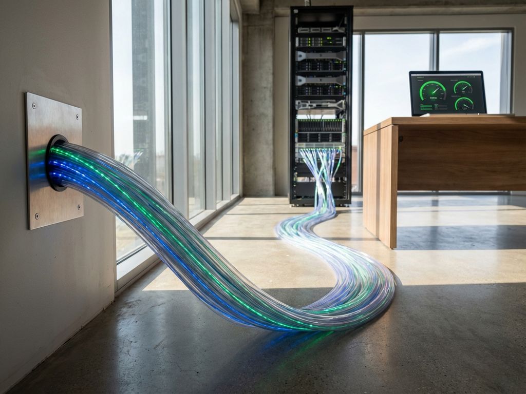 Fiber optic cables with glowing cores extending from ethernet port to server equipment in modern office with laptop on desk