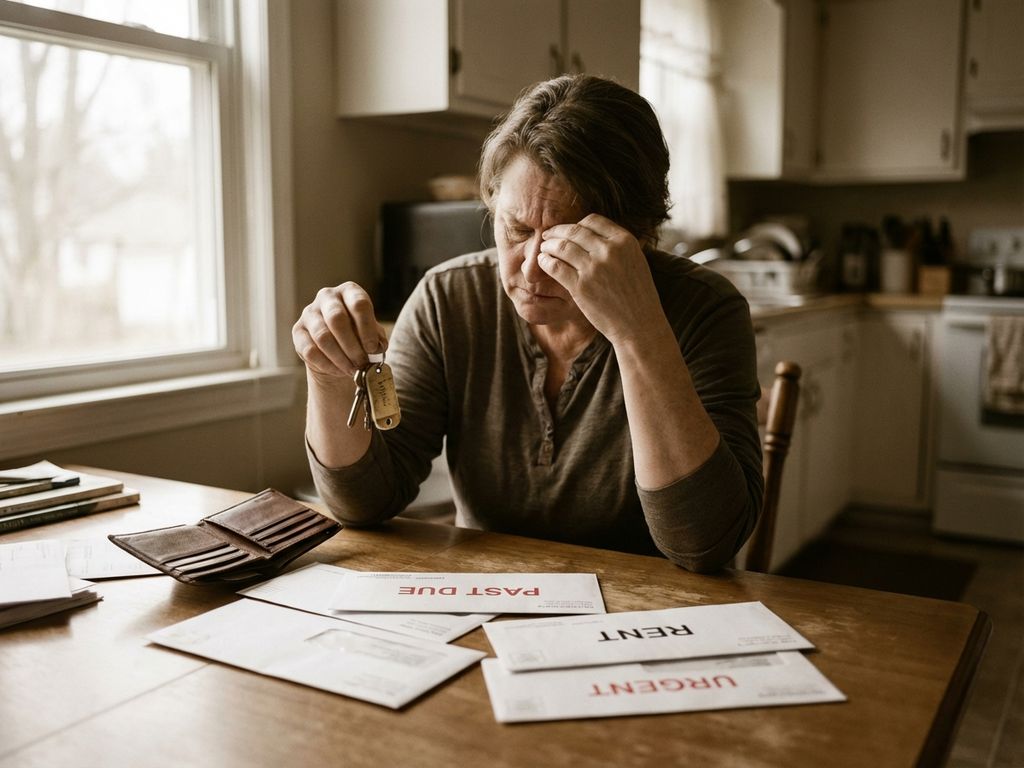 Worried person at kitchen table holding apartment keys with unpaid rent bills and empty wallet, contemplating eviction