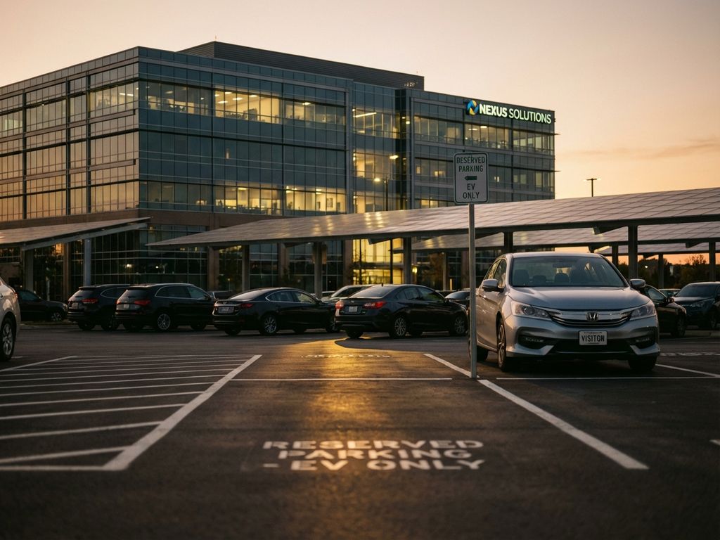 Modern office building parking lot with marked spaces, parked business cars, and glass corporate building in background.