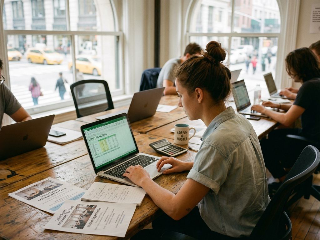 Young entrepreneur working on laptop with spreadsheet and office rental papers at desk in bright coworking space