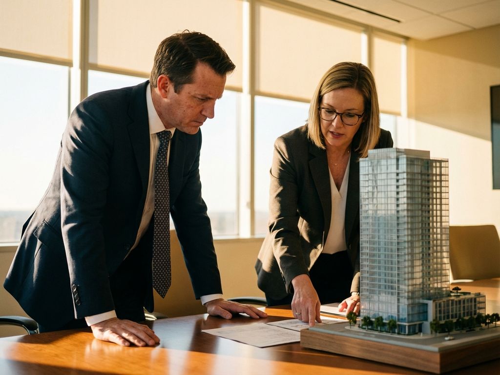 Businessman and property manager negotiating at conference table with building model, sunlight streaming through windows