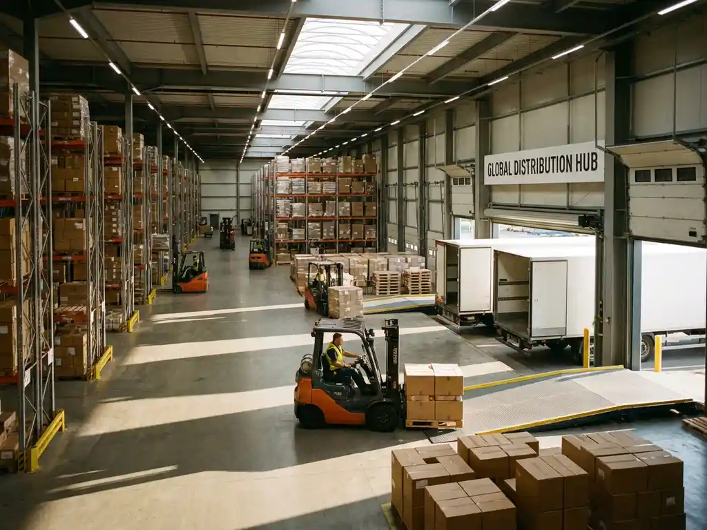 Modern warehouse interior with forklift operator moving pallets near loading dock, tall shelving units, and organized inventory