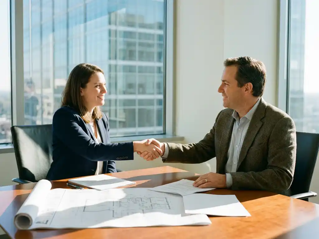 Businesswoman and property owner shaking hands over lease documents at conference table in modern office setting.