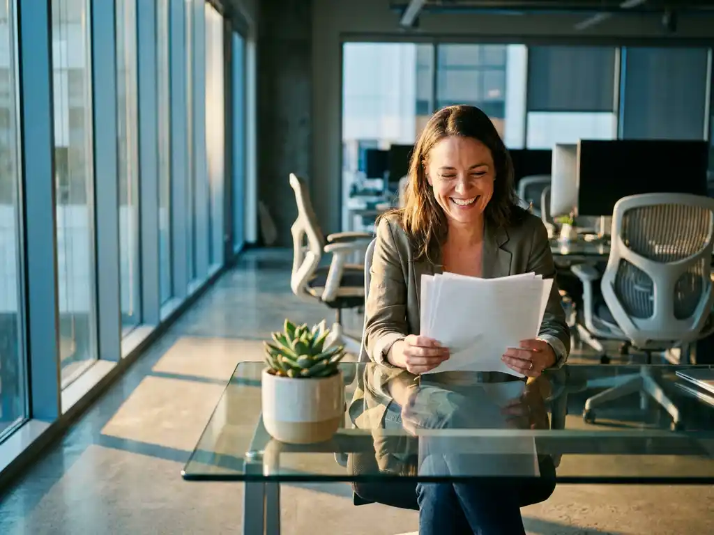 Contentprofessional bekijkt documenten aan glazen bureau in moderne kantoorruimte met natuurlijk zonlicht