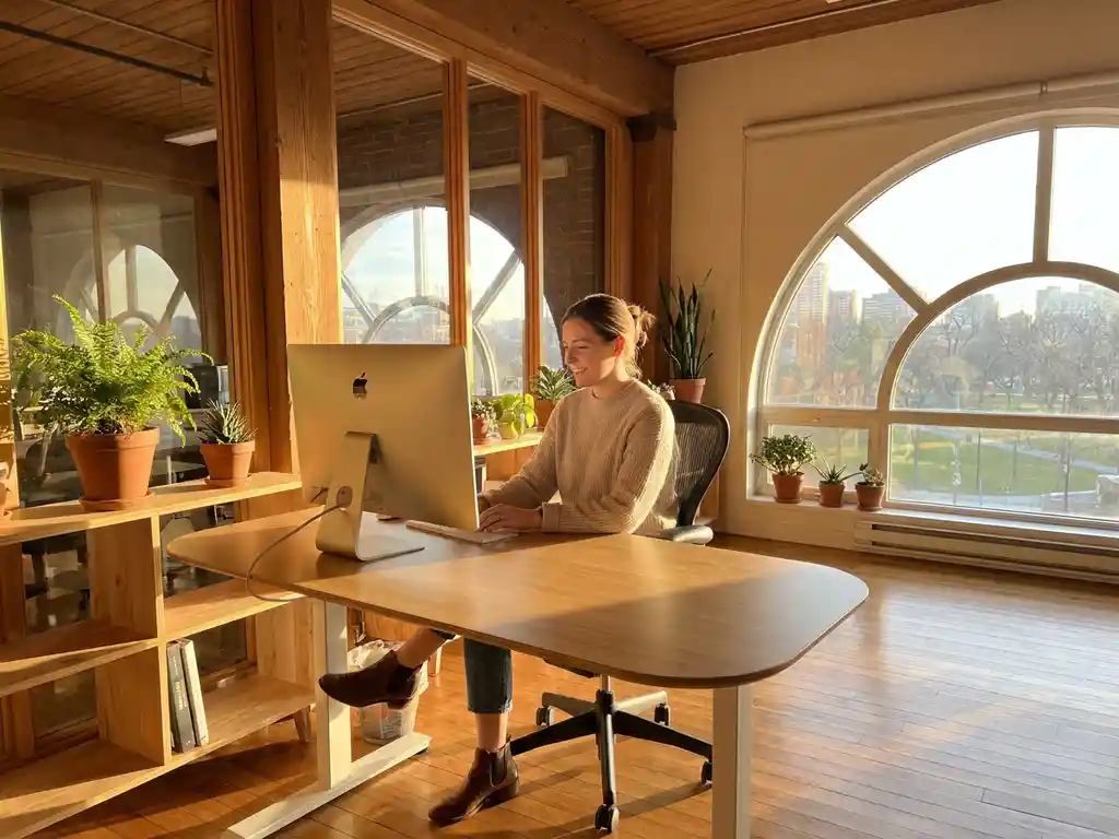 Kantoormedewerker aan ergonomisch bureau in moderne werkruimte met natuurlijk hout, grote ramen en groene planten