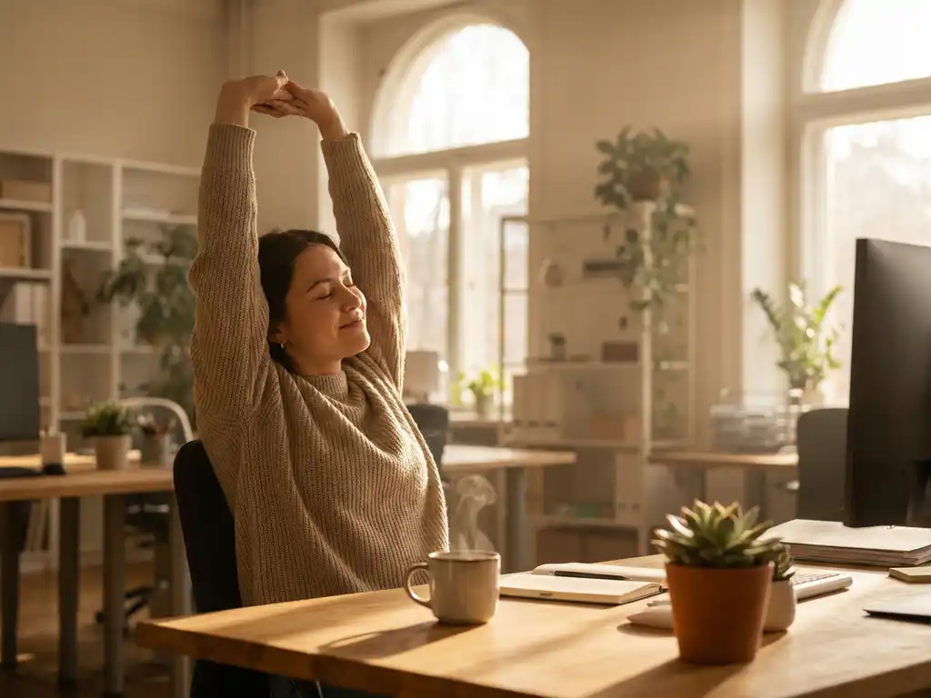 Kantoormedewerker strekt zich uit aan houten bureau met succulent en koffie, natuurlijk zonlicht door ramen
