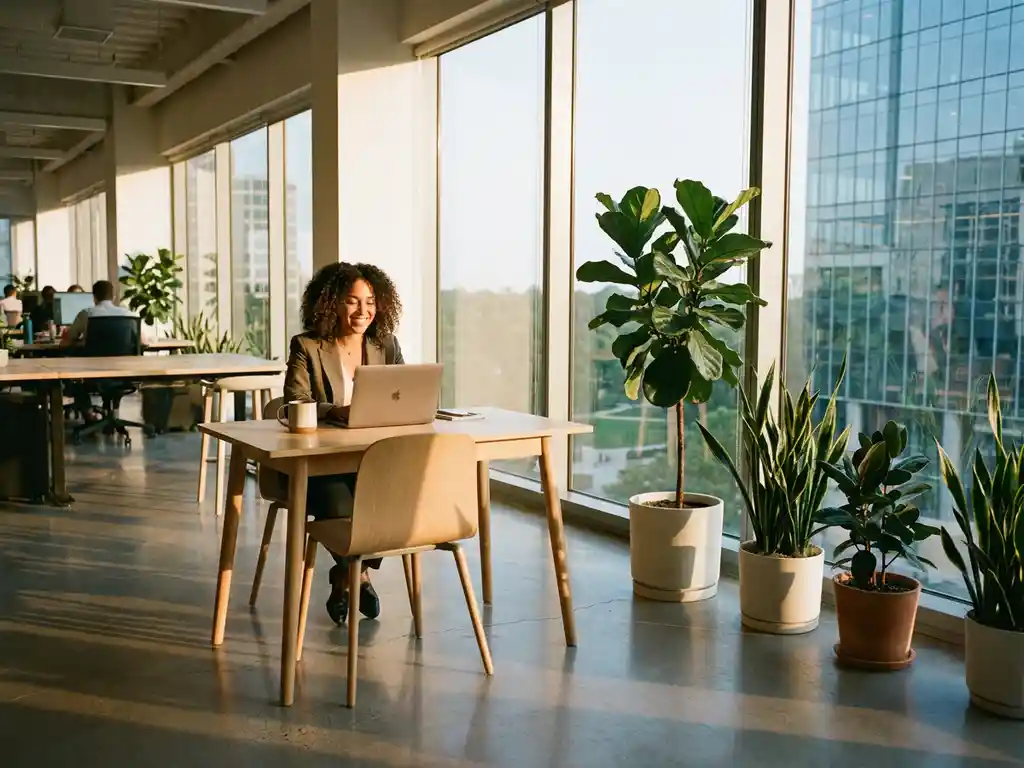 Glimlachende professionele vrouw aan modern bureau in licht kantoor met grote ramen en natuurlijke planten