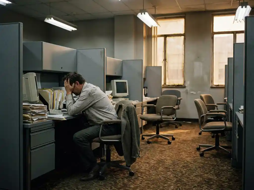 Gefrustreerde kantoormedewerker zit alleen aan rommelig bureau in verouderde grijze kantoorruimte met lege stoelen