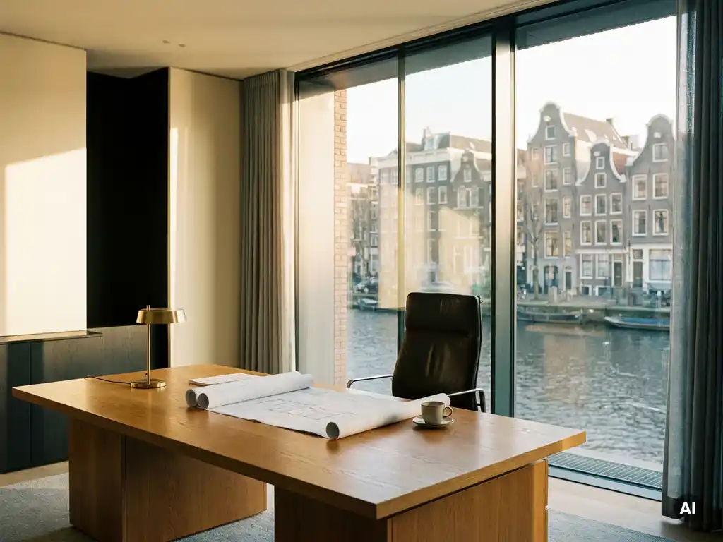 Luxe Amsterdams kantoor met vloer-tot-plafond ramen, uitzicht op historische gevels, eikenhouten bureau met plattegronden en leren stoel.