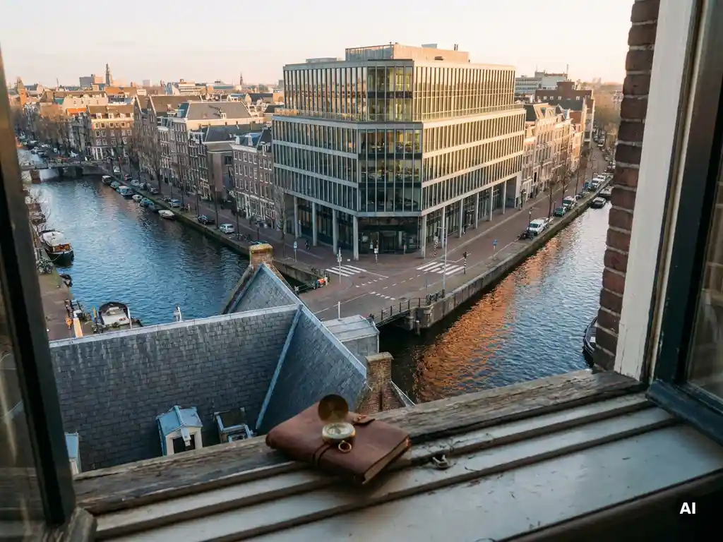 Luchtfoto van de Amsterdamse grachtengordel met modern glazen kantoorgebouw, kaarslicht reflecterend op het water, leren notitieboek en kompas op vensterbank.