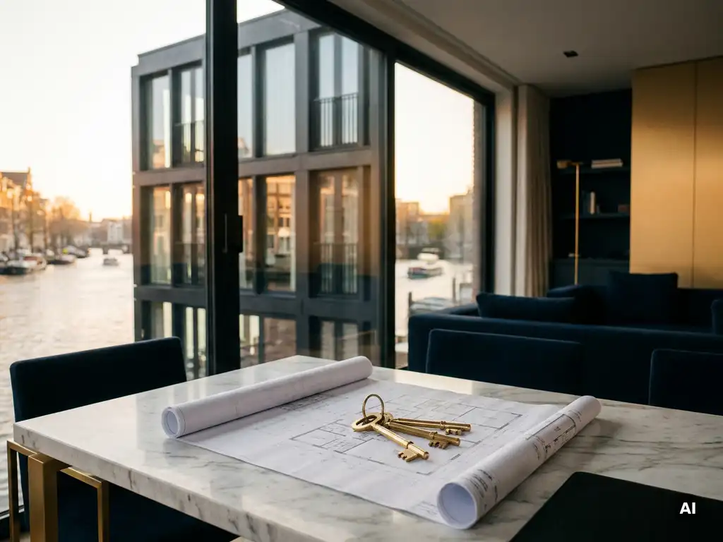 Messing sleutels op architectonische plattegrond met reflectie van Amsterdams grachtenpand in kantoorvenster, warm amberkleurig licht.