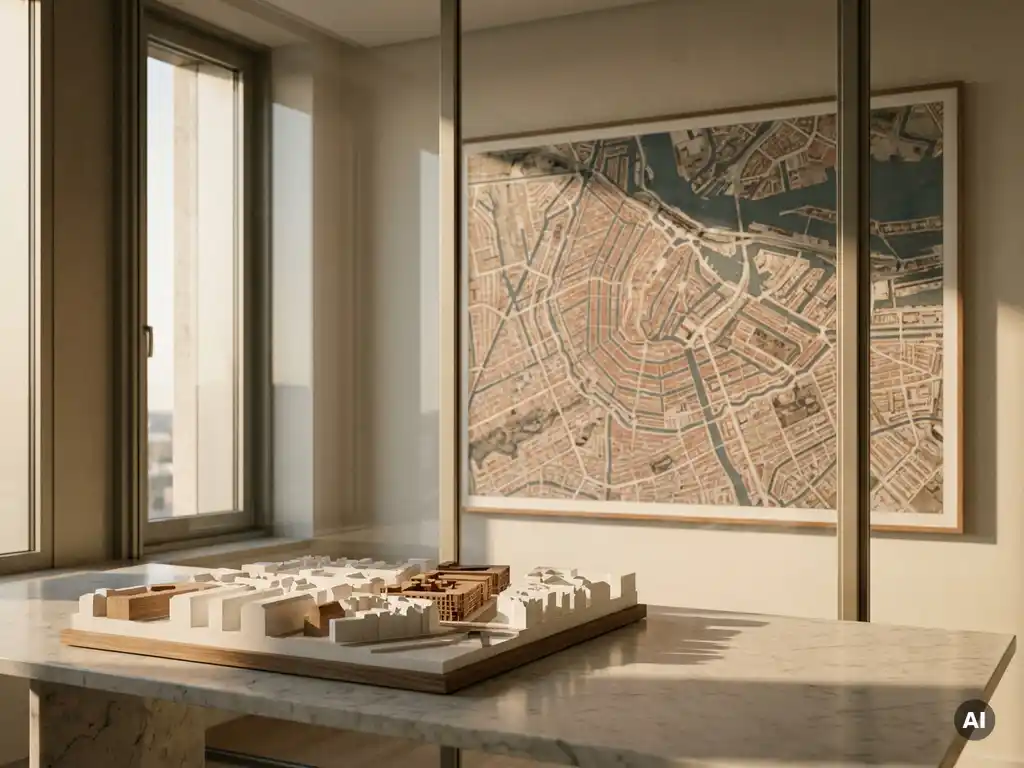 Architectonisch schaalmodel van Amsterdams grachtenstelsel op een marmeren bureau, warm middaglicht, kantoororgeving.