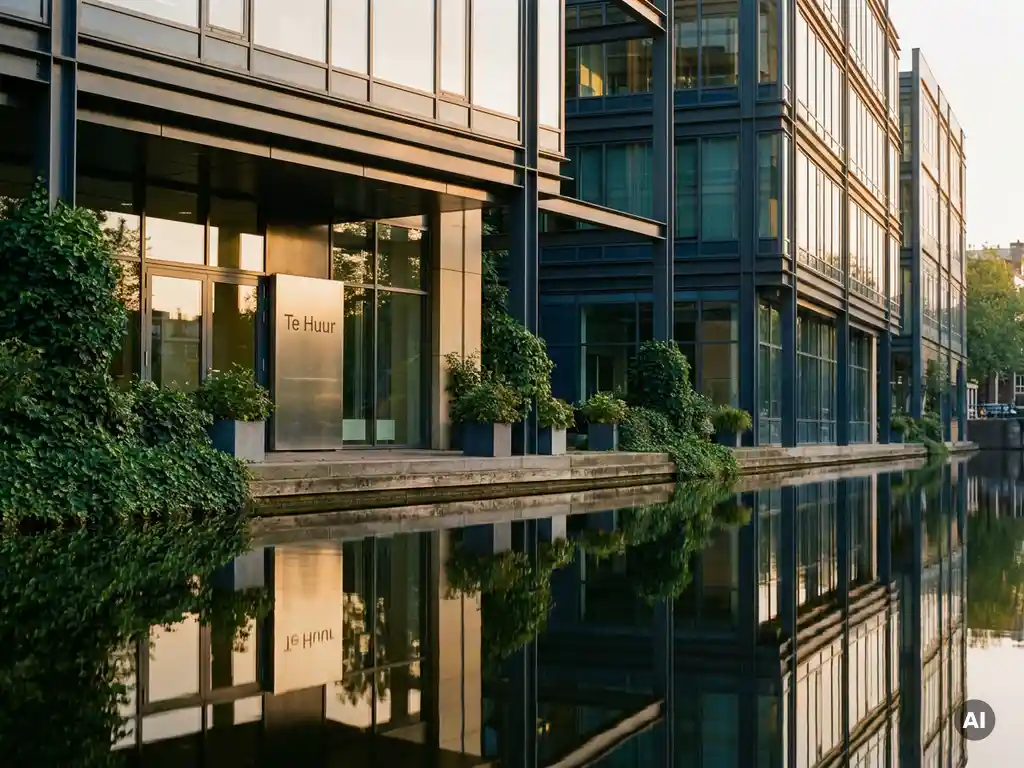 Amsterdams kantoorpand aan gracht met glazen gevel, "Te Huur"-bord en weerspiegeling in stil water, omgeven door groen.