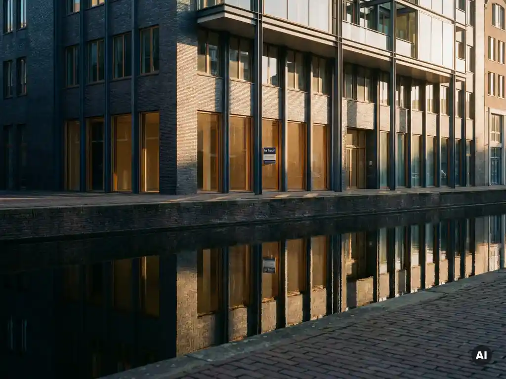 Amsterdams kantoorpand langs gracht met "te huur"-bord op glazen gevel, weerspiegeld in stil water tijdens gouden avondlicht.