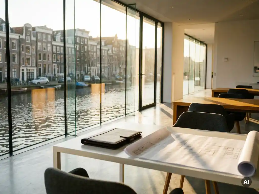 Lederen portfolio en plattegrond op minimalistisch bureau in Amsterdams kantoor met uitzicht op gracht.