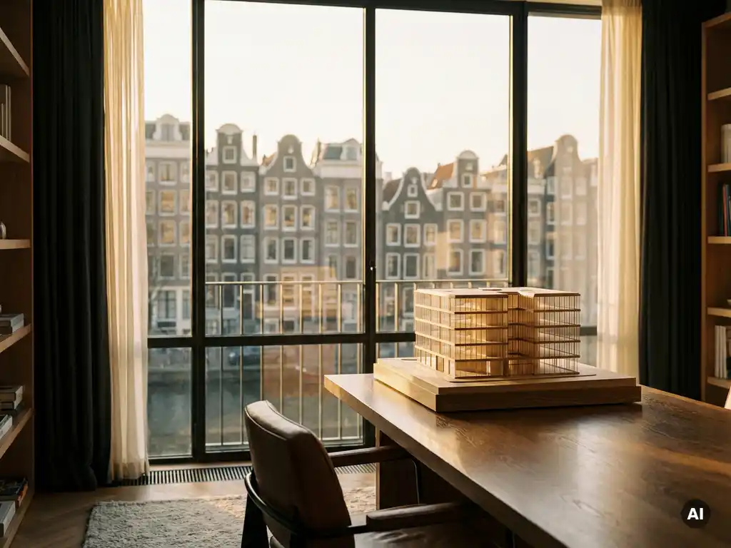 Amsterdams kantoorkantoor met houten bureau, architectuurmaquette en uitzicht op grachtenpanden in gouden middaglicht.