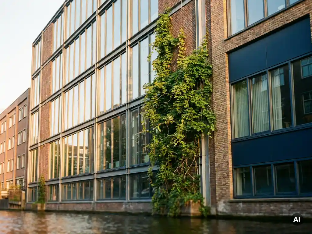Modern glazen kantoorpand aan Amsterdamse gracht met klimplant, gouden ochtendlicht op bakstenen gevel, lage camerahoek.