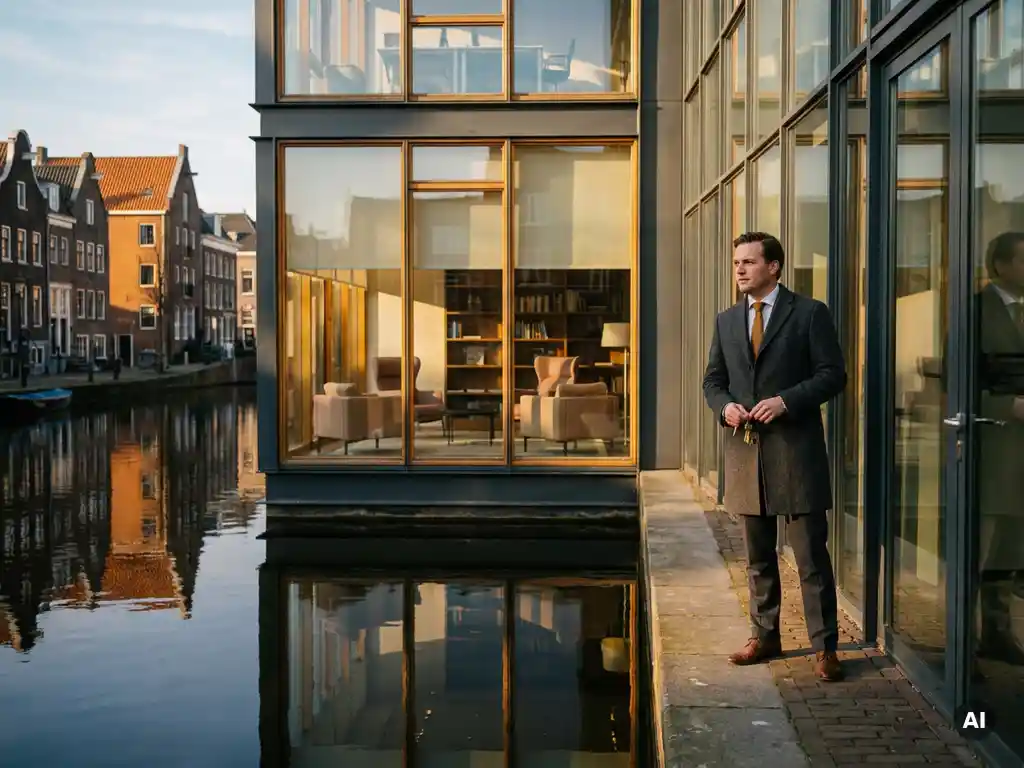 Goed geklede professional met sleutels bij glazen ingang van Amsterdams grachtenpand, historische gevels weerspiegeld in rustig water.
