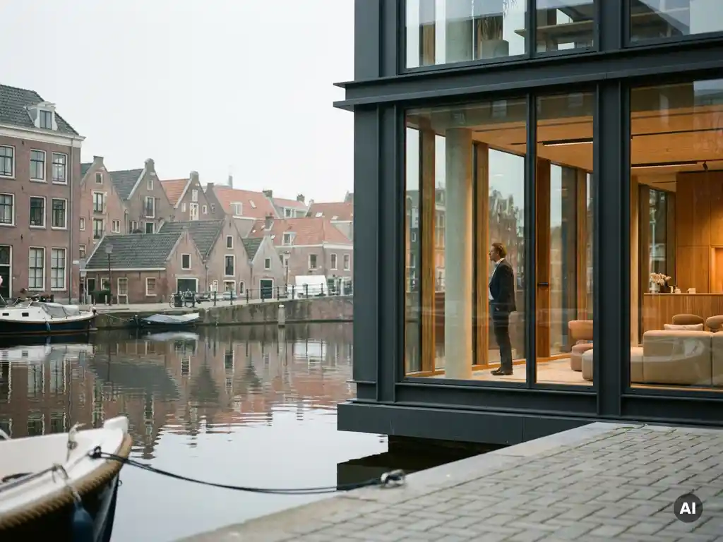 Professional leunt peinzend bij vloer-tot-plafond ramen van modern Amsterdams kantoorpand aan gracht met historische gevels.