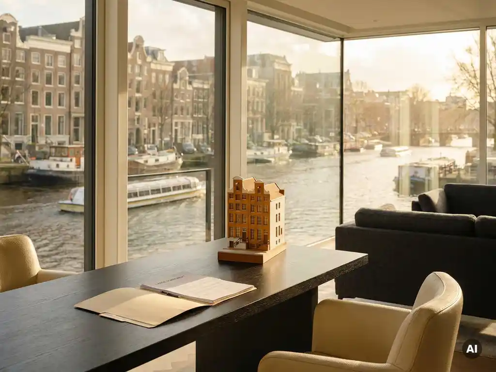 Minimalistisch Amsterdams kantoor met uitzicht op gracht, open huurovereenkomst en schaalmodel van grachtenpand op bureau.