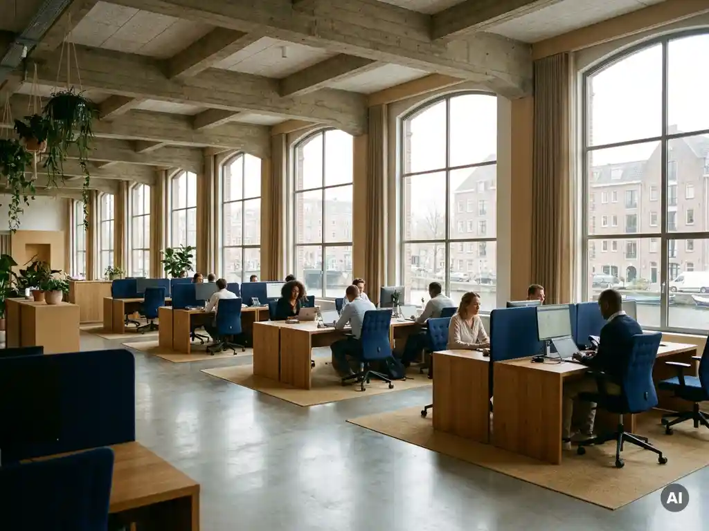 Ruim open kantoor in Amsterdam met betonnen plafonds, grote ramen en eiken bureaus in samenwerkingsclusters langs een gracht.