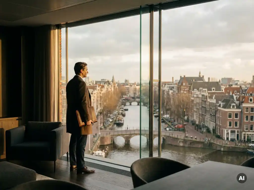 Professional met leren portfolio bij raamwand met uitzicht op Amsterdamse grachtengordel en historische daken, gouden middaglicht.