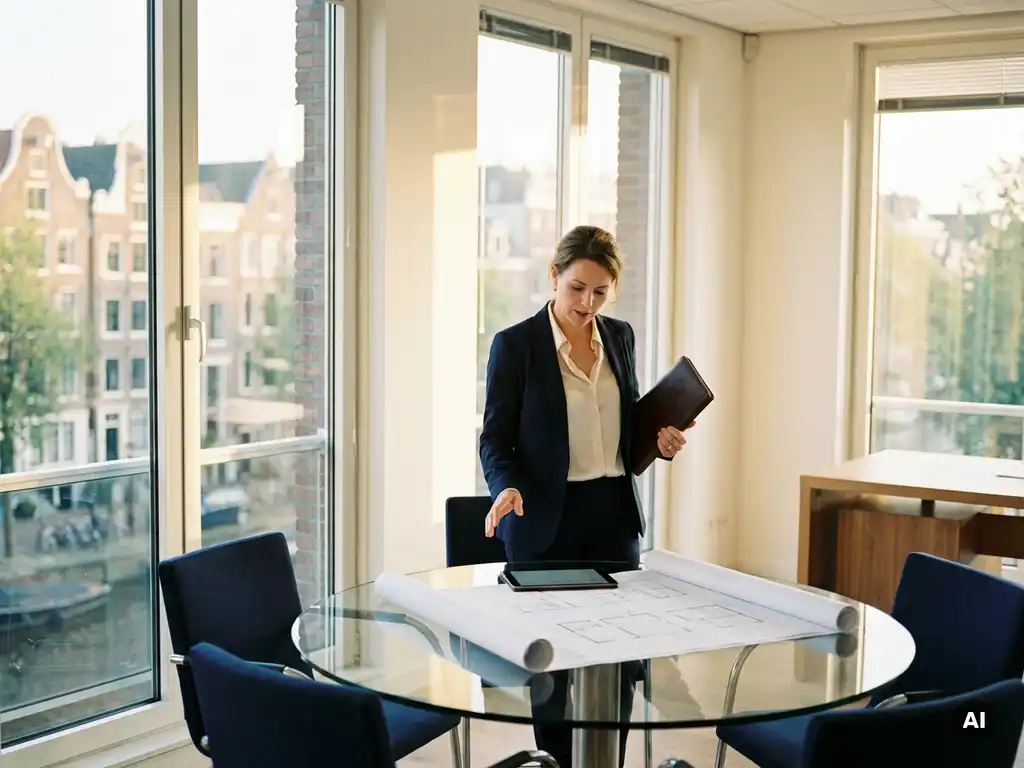Vrouw met leren portfolio vergelijkt plattegronden op glazen vergadertafel, met uitzicht op Amsterdamse grachten en historische daken.