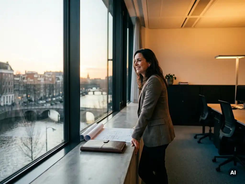 Professional met leren portfolio bij glazen gevel met uitzicht op Amsterdamse grachten, architectuurtekeningen op betonnen vensterbank.