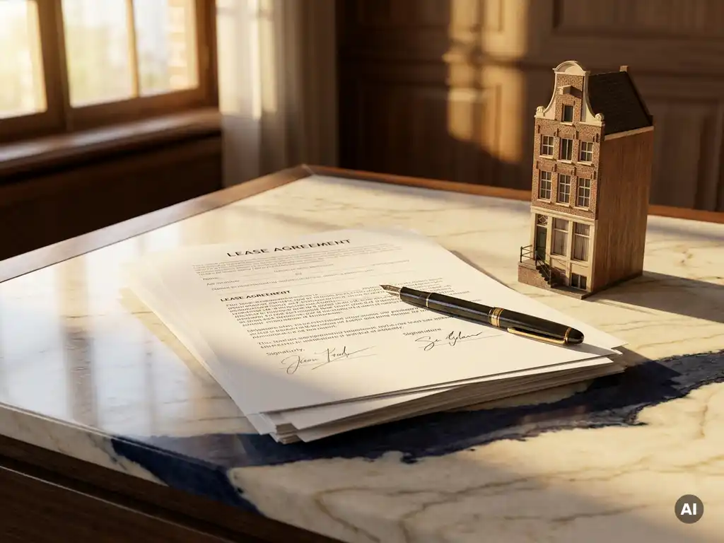 Ondertekend huurcontract en officiële documenten op marmeren bureau naast miniatuur Amsterdams grachtenpand, pen erbovenop.