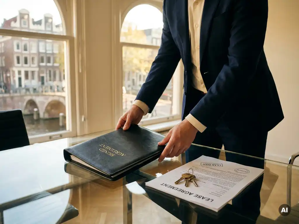 Professional legt ondertekend huurcontract op glazen bureau in Amsterdams kantoor met grachtzicht, sleutels ernaast.