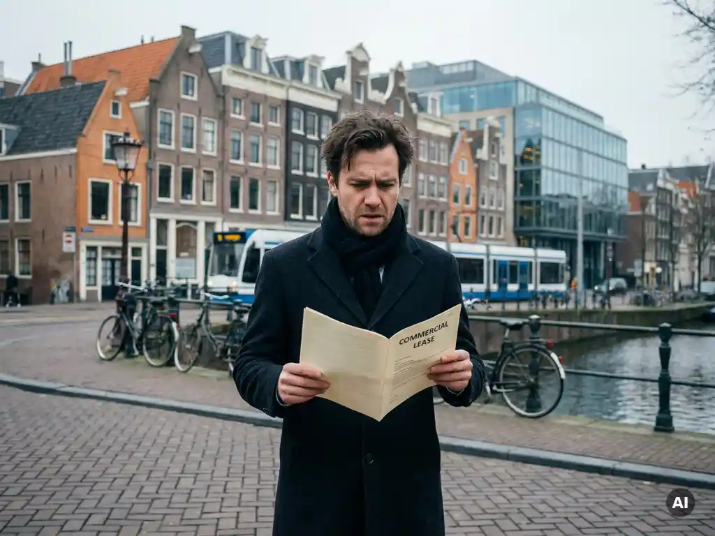 Gefrustreerde zakenman bestudeert huurcontract op Amsterdamse gracht, historische gevels en glazen kantoorgebouw op achtergrond.