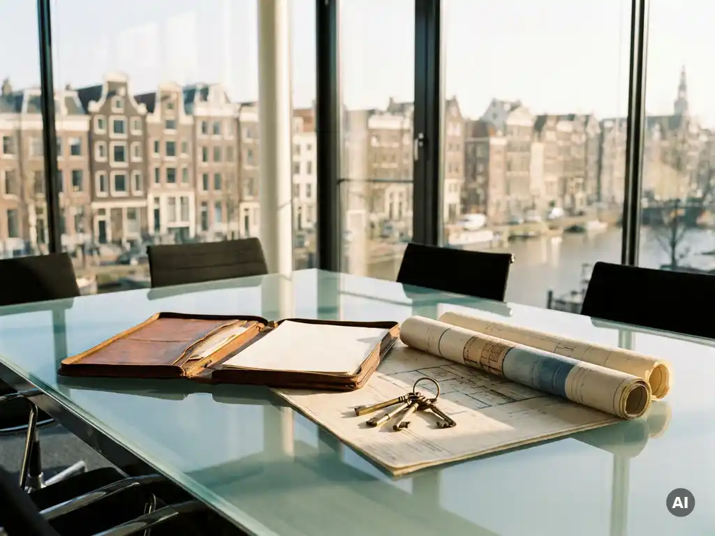 Opengeslagen leren portfolio op glazen vergadertafel met kantoorsleutels op bouwtekeningen, uitzicht op Amsterdamse grachten op de achtergrond.