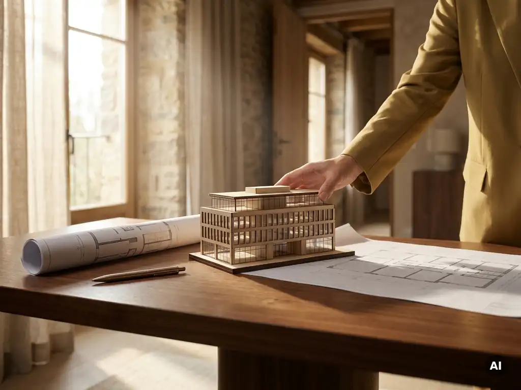 Hand van een commercieel makelaar die een architectuurmodel op een bureau plaatst naast een plattegrond en pen, warm gouden licht.