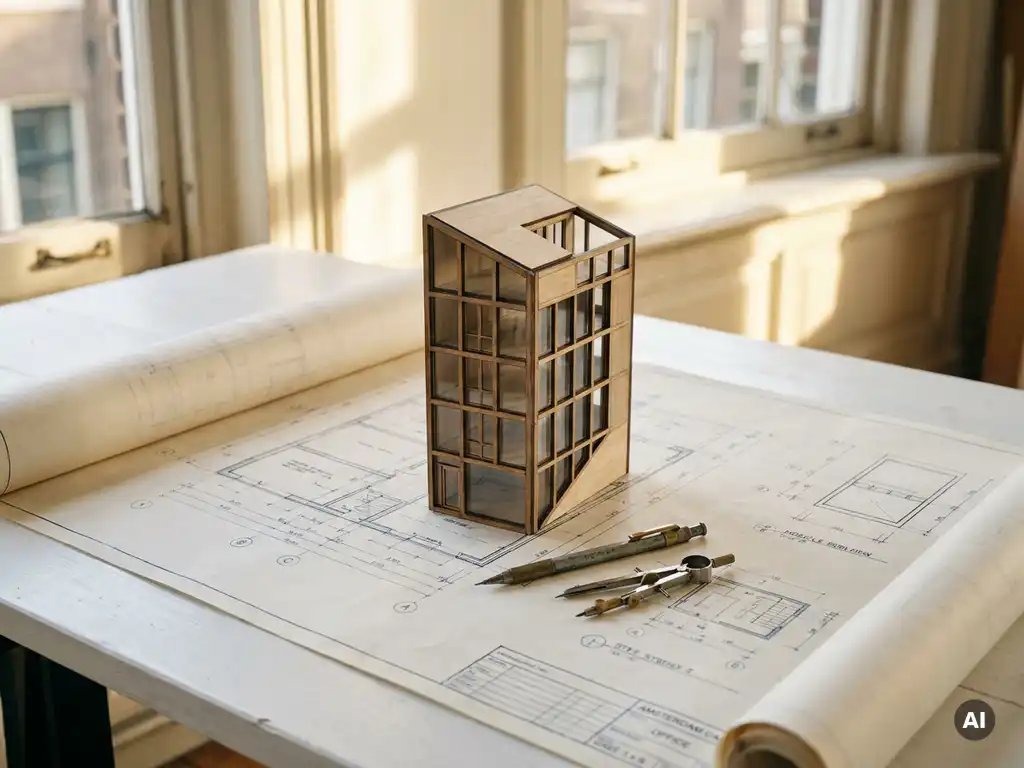 Architectonische plattegrond op wit bureau met schaalmodel van Amsterdams grachtenpand, mechanisch potlood en passer in goudkleurig middaglicht.