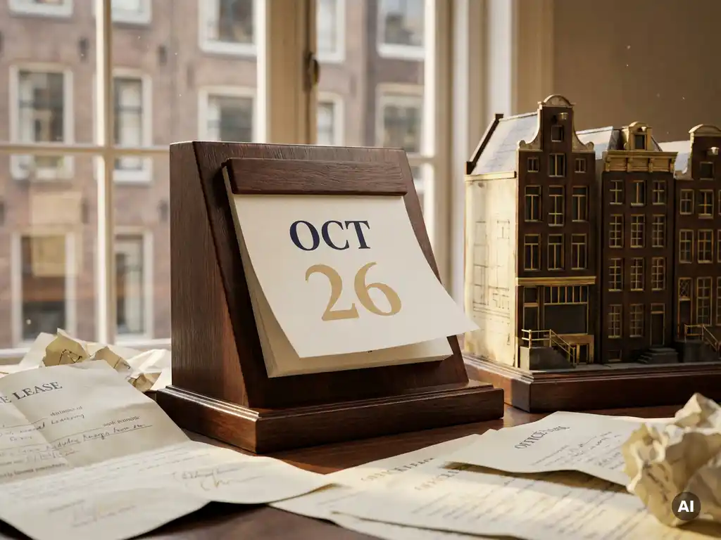 Houten bureaukalender met omfladderende pagina's naast kantoorhuurcontracten en schaalmodel van Amsterdamse grachtenpanden in warm middaglicht.