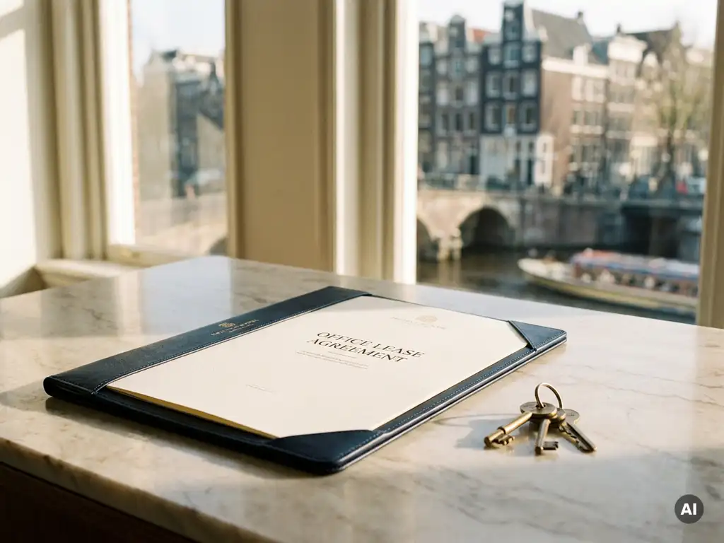 Kantoorhuurcontract op marmeren bureau naast sleutels, met uitzicht op Amsterdamse gracht in warm middaglicht.