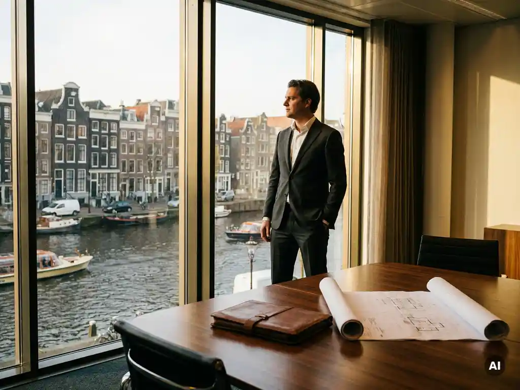 Professional in pak bij panoramaraam met uitzicht op Amsterdamse grachtengordel, architectuurtekeningen op vergadertafel op voorgrond.
