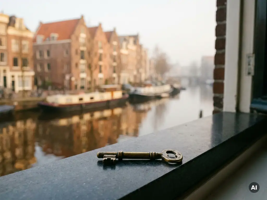 Verouderde messing sleutel op een vensterbank met uitzicht op een Amsterdamse gracht met grachtenpanden en woonboten in ochtendmist.