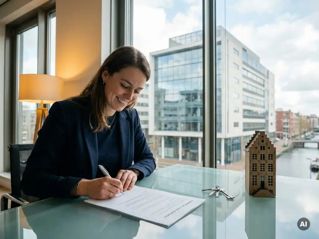 Jonge ondernemer ondertekent huurcontract aan glazen bureau met sleutels en Amsterdams grachtenpandmodel, modern kantoor op achtergrond.