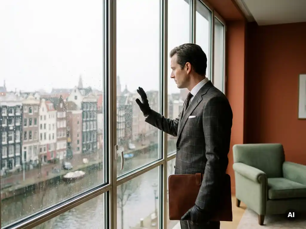 Professional in pak bij raamwand met uitzicht op Amsterdamse grachtengordel en daken, leren portfolio onder de arm, zacht bewolkt daglicht.