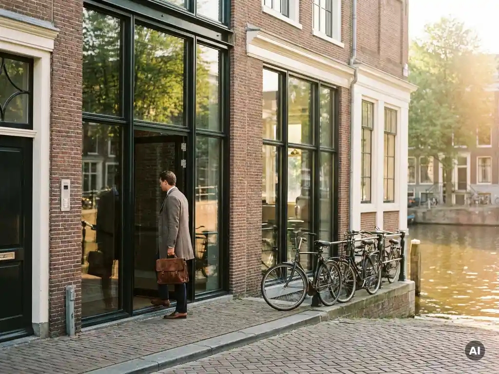 Professional met leren aktetas bij ingang van gerenoveerd grachtenpand in Amsterdam, rode bakstenen gevel met moderne glasramen, fietsen langs de gracht.