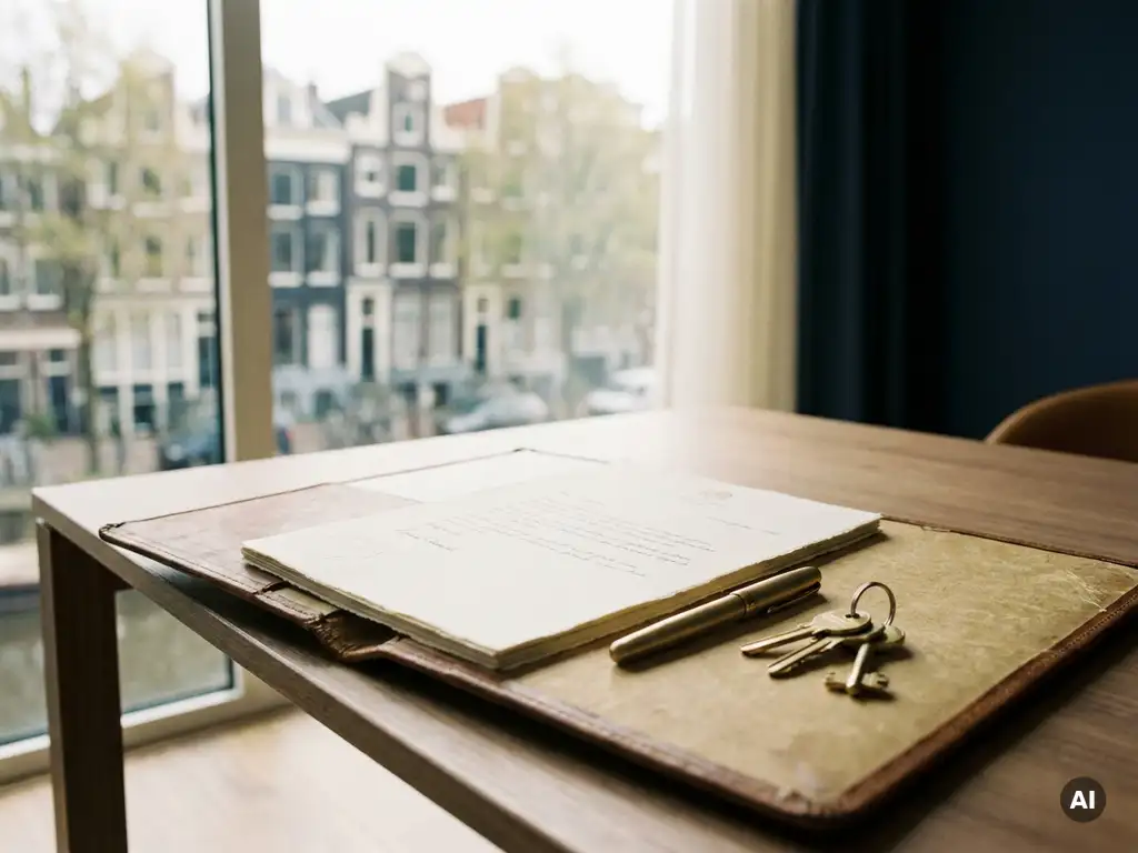 Opengevouwen leren documentmap op modern bureau met referentiebrief, vulpen en kantoorsleutels, Amsterdamse grachtenhuizen op de achtergrond.